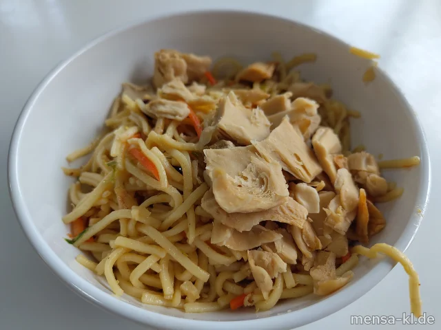 ASIA BOWL Gebratene Mie-Nudeln mit Gemüse (3,Gl,Sl,Se,So) mit Protein-Komponent: Filetstreifen aus Soja (Se), Mandeln (Nu) und Salat