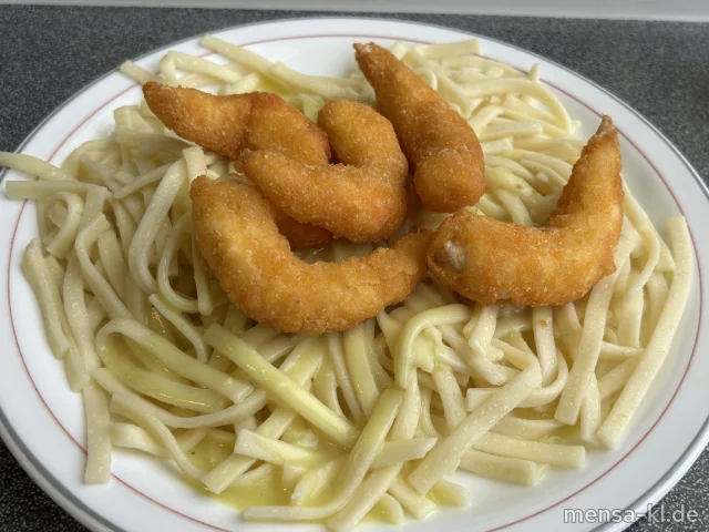 Vegane Shrimps in knuspriger Zitronenpanande (1,Gl,So) mit Limetten-Soße (1,2,Gl), Tagliatelle (Gl) und Blattsalat mit Wildkräutern