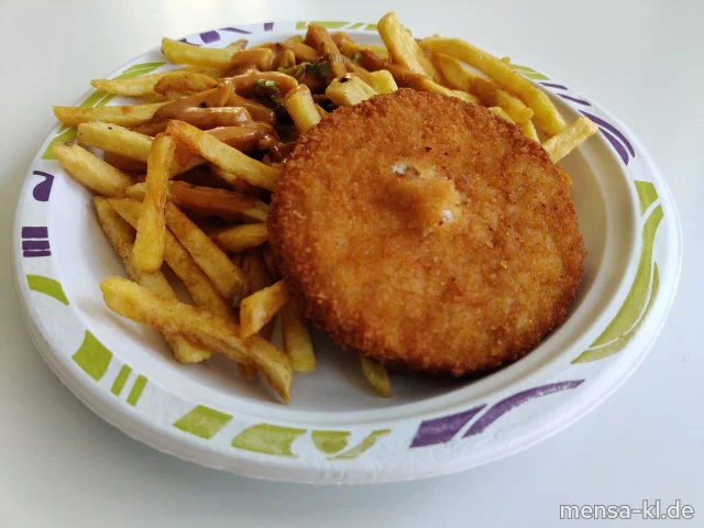 Blumenkohlkäse-Medaillon (Gl,Ei,La,V) mit Pfefferrahmsoße (Gl,La,Sf,V), Pommes frites (V) und Salat (V)