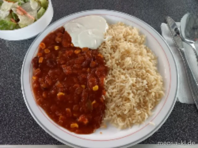 Gemüse-Chili mit Sour Cream-Dip (1,9,Gl,Ei,La,Sf,V), Reis (V) und Salat (V)