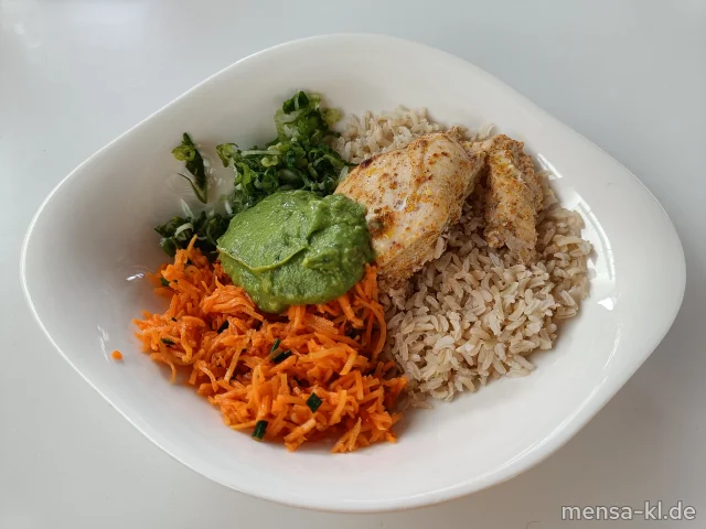 Hähnchen-Buddha-Bowl (Sl,G) mit Vollkornreis, Frühlingszwiebeln und Karottensalat (Sl), dazu Avocado-Dip