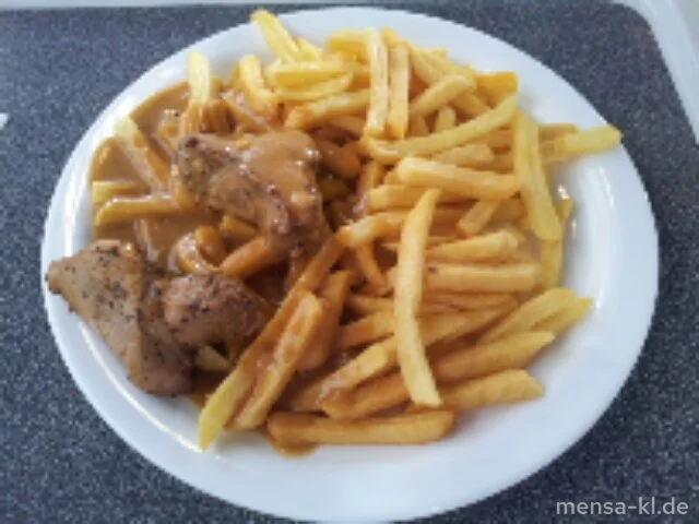 Zwei Schweinelende-Medaillons (S) mit Rahmsoße, Pommes-Frites und Salat