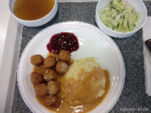 Geflügel-Köttbullar (Gl,Ei,G) mit Rahmsoße (La), Kartoffelpüree (La), Preiselbeeren und Gurkensalat (1,3,5,Ei,La,Sw,Sf)