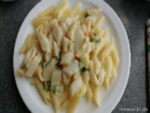 Penne-Spargel-Ragout (V,A), dazu bunter Blattsalat (V) mit Joghurtdressing (V)
