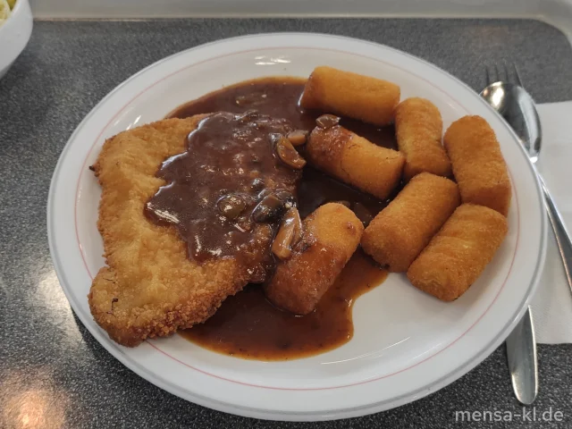 Paniertes Schweineschnitzel (Gl,Ei,S) mit Jägersoße (Sf), Kroketten (Gl) und Salat