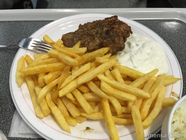Schweinekammsteak "Gyros Art" (S) mit Pommes frites, Tzatziki und Krautsalat