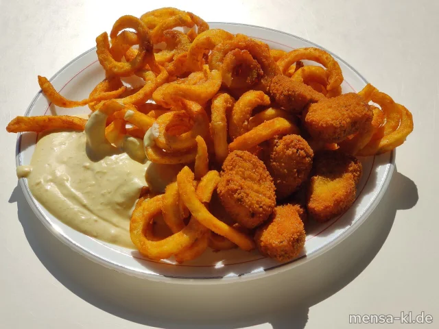 Gemüse-Nuggets (Gl,Sl,V) mit Curry-Dip (1,9,Gl,Ei,La,Sf,V), Twisterpommes (Gl,V) und Salat (V)