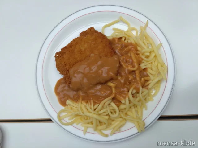 Paniertes Schweineschnitzel (Gl,S) mit Zwiebelrahmsoße (Gl,La), Eierspätzle (Gl,Ei) und Kaisergemüse (La)