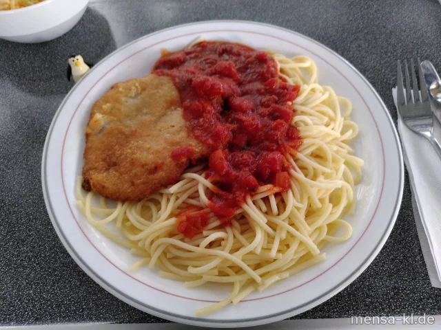 Hähnchenbrust-Piccata (Gl,La,G) mit Tomaten-Basilikum-Soße, Spaghetti (Gl) und Salat