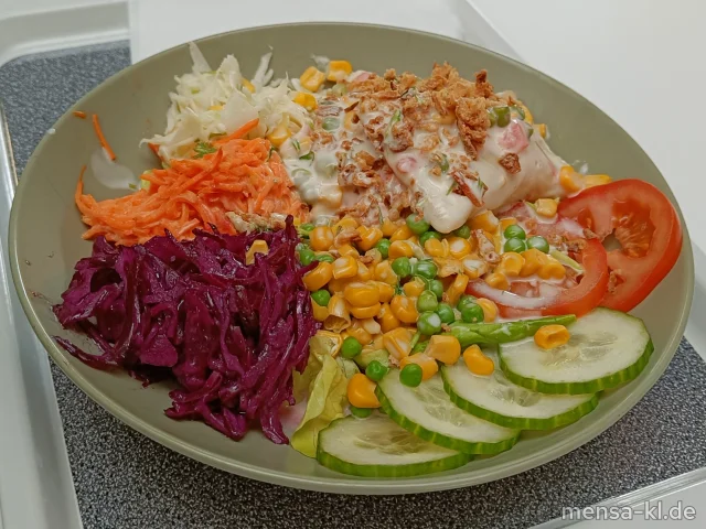 Bowl mit Blattsalat, Kraut, Rote Beete, Tomaten, Gurken und Maultaschensalat (5,Gl,Nu,Sw,Sf), dazu ein klares Kräuter-Dressing (5,Sw,Sf)