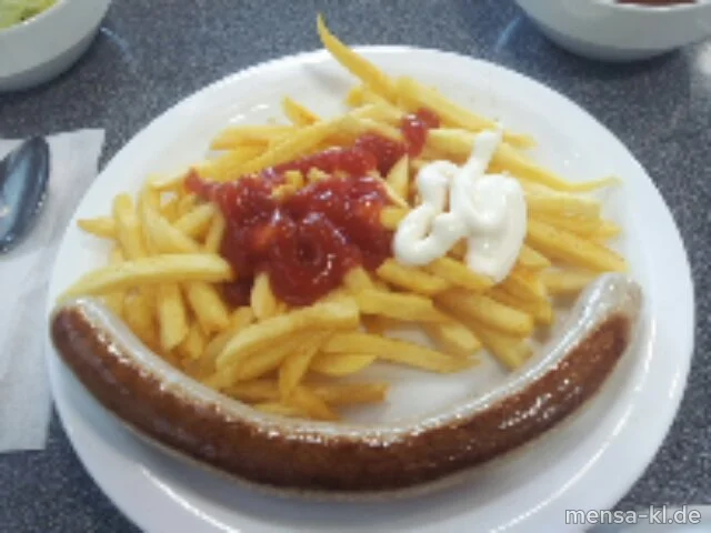 Grillbratwurst (8,R,S,Lfrei) mit Pommes frites (Lfrei) und Salat (Lfrei)