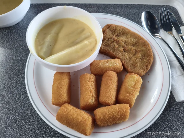 Gemüse-Knusperschnitzel (Gl,Sl), Pfälzer Spargel mit Hollandaise (1,Ei,La,Sf), Kroketten (Gl)