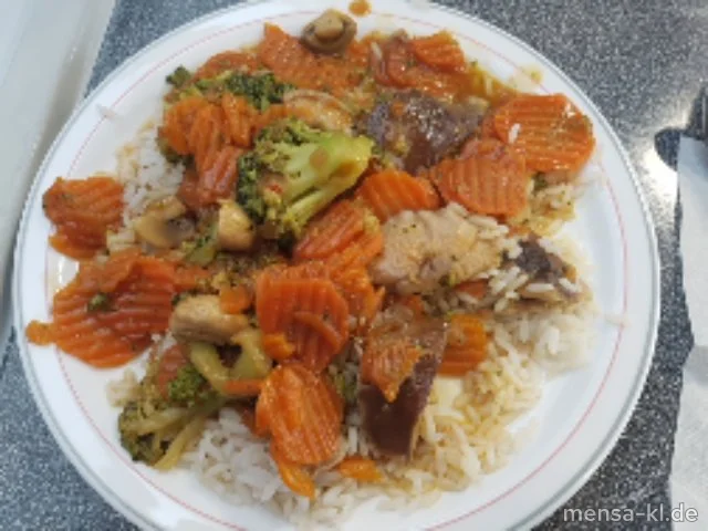 Broccoli mit Champignons, Shiitake und Karotten (Gl,So,V,V+), Reis (V,V+)