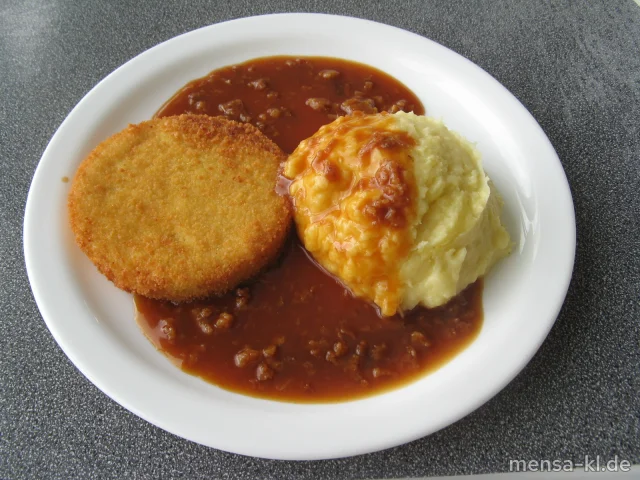 Blumenkohl-Käse-Medaillon (V) mit Zwiwelsoße (V,A), Grumbeer-Stampes (V) und Salat (V)
