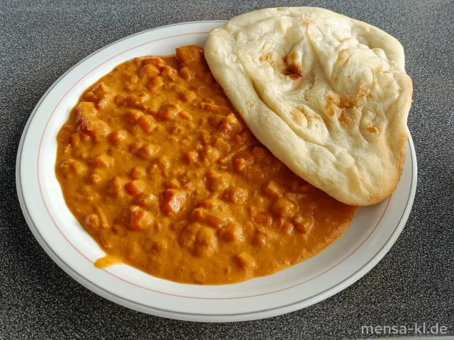 Veganes Tomaten-Curry (1,2,Gl,Sf), dazu Naanbrot (Gl) und ein Beilagensalat nach Wahl