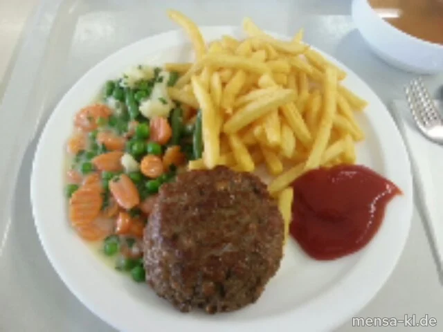 Frikadelle (R,S) mit Pommes-Frites und Rahmgemüse