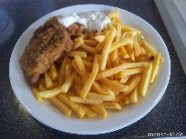 Schweinerückensteak 'Gyros Art' (S) mit Tzatziki, Pommes-Frites und Krautsalat