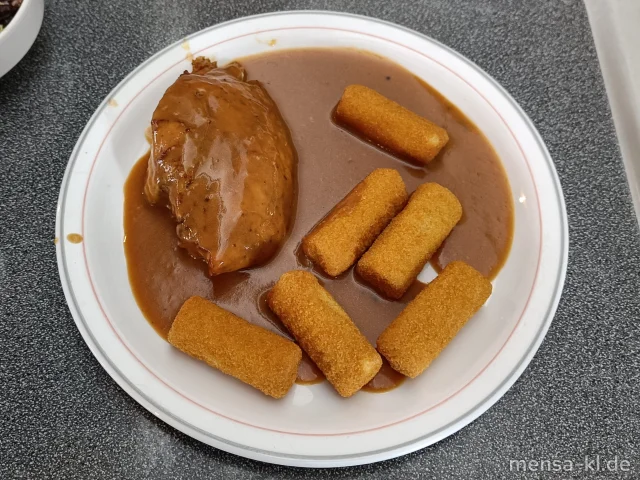 Truthahnfilet (G) mit Rahmsoße (Gl,La), Kroketten (Gl) und Salat