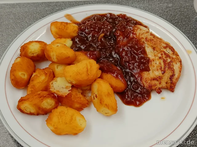 Truthahnfilet (G) mit Rotwein-Zwiebel-Confit (5,Gl,Sw,A) und Pommes dauphines (Ei,La), dazu einen Beilagensalat nach Wahl