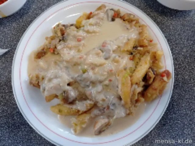 Schupfnudeln-Spitzkohl-Pfanne (Gl,Ei) in Käsesoße (2,Gl,Ei,La,Sl), dazu ein Apfel