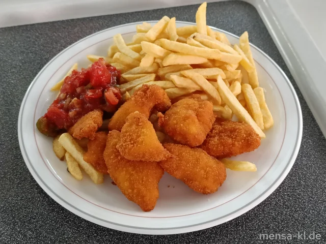Hähnchencrossies (Gl,G) mit Salsa-Dip (Sf) und Pommes frites, dazu Salat