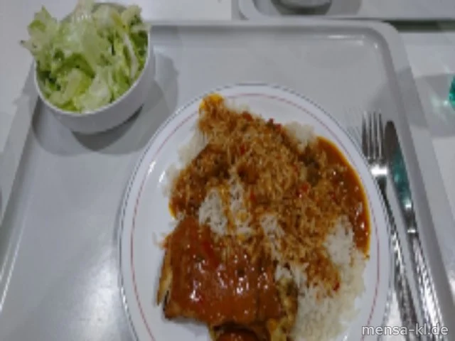 Hähnchenbrustfilet Suprême (G) Paprikarahmsoße (La), Reis und Salat
