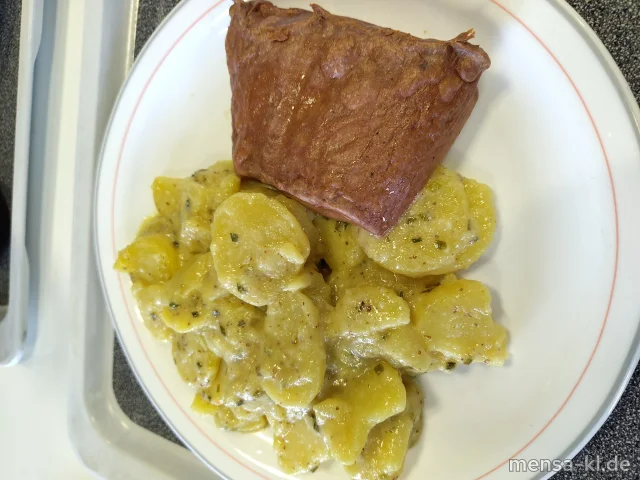 Veganer Fleischkäse (1) mit hausgemachtem Kartoffelsalat (9), Senf (Sf), dazu ein Beilagensalat nach Wahl