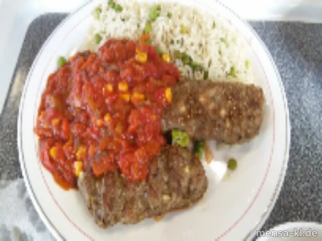 Bifteki (Gl,Ei,La,Sl,Sf,R) mit Pusztasoße (9,Sl), Erbsen-Reis und Salat