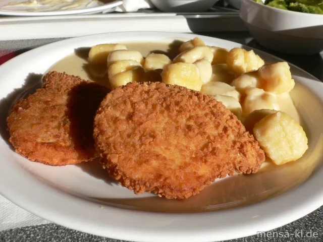 Schnitzel "Valess" (V) mit Käsesoße (1,2,V), Gnocchi (V) und Broccoli-Gemüse (V)
