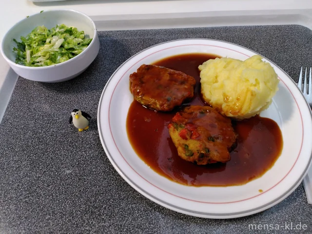 Gemüsefrikadelle (Gl,Ei) mit Bratensoße, Kartoffelstampf (5,La,Sw) und Endiviensalat