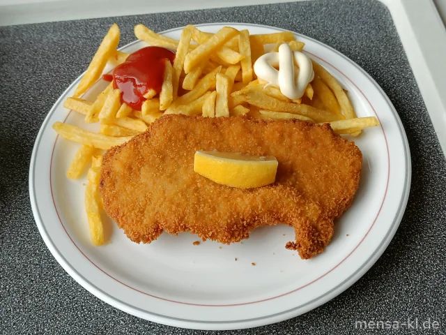 Paniertes Schweineschnitzel (Gl,Ei,S), Zitrone, Pommes frites und Karottengemüse (La)
