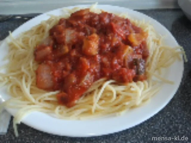 Große Portion Spaghetti (V) mit italienischem Pfannengemüse (V) und Salat (V)