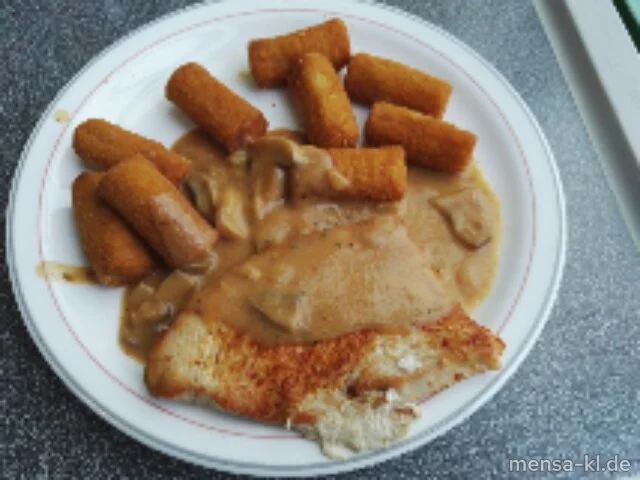 Truthahnsteak (G) Champignonsoße (2,3,5,Gl,La,Sw) mit Kroketten (Gl)