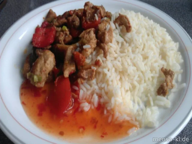 Schweinegeschnetzeltes mit Austernpilzen und Ingwer, Reis