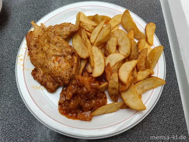 Truthahnsteak (G) mit Chili-Ananas-Zwiebel-Dip (1,5,Sw), Potato-Wedges und Salat