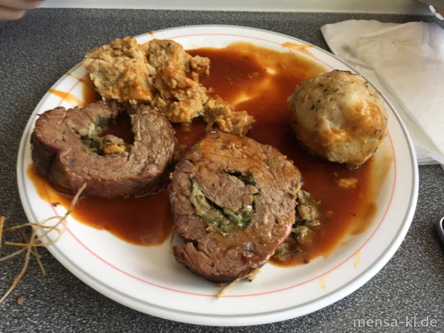 Rinderrollbraten (4,R) mit Bratensoße (Gl,Sf) und Weckknödel (Gl,Ei,La)