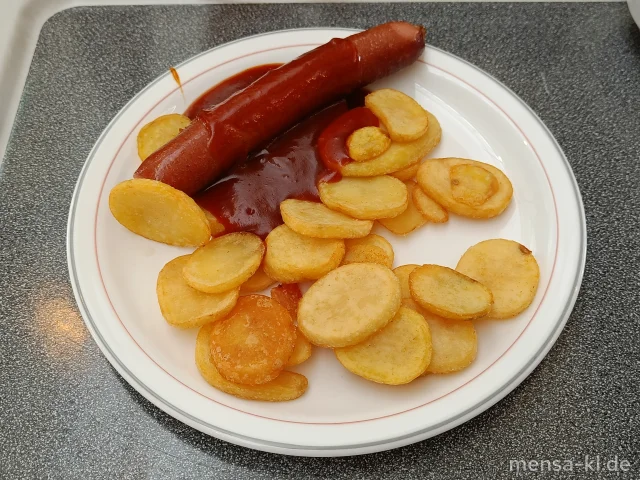 Rindswurst (1,2,3,8,9,Sf,R,L) mit Currysoße (La,Sl,Sf), Pommes-Chips und Salat