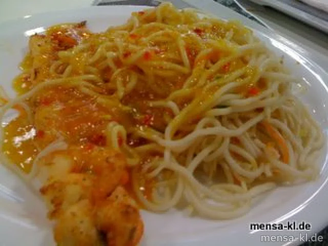 Garnelenspieß mit Mango-Chili-Dip und Gemüse-Mie-Nudeln