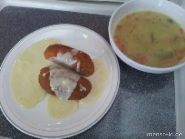 Pfälzer Grumbeersuppe (5,La,Sw,Sl,V), dazu zwei Rostige Ritter (Gl,Ei,V) und Wein- (5,La,Sw,A,V) oder Vanillesoße (La,V)