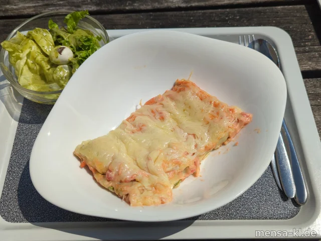 Cannelloni mit Spinat und Ricotta gefüllt (Gl,Ei,La), dazu ein gemischter Blattsalat (La)