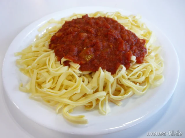 Tagliatelle (1,Gl,Ei,V) mit fruchtig-feuriger Tomatensoße (2,V) und Salat (V)