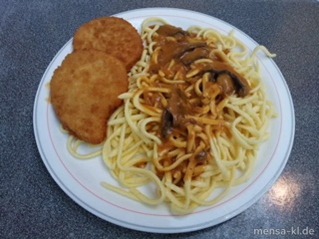 Schnitzel 'Valess Jäger Art' (3,V), mit Spätzle (V) und Salat (V)