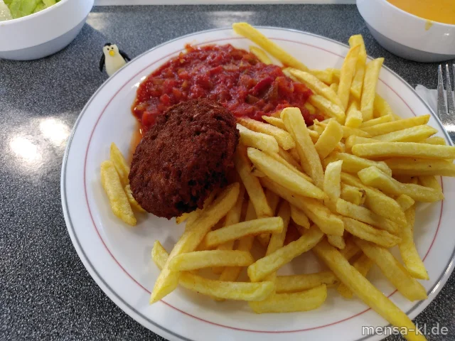 Knusperfrikadelle (Gl) mit Pusztasoße (9,Sl), Pommes frites und Salat (1,5,Sw)