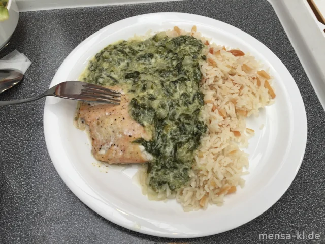 Lachsfilet (Fi), Spinat-Birnen-Soße (Gl,La), Mandel-Reis (Nu) und Blattsalate mit Avocado-Himbeer-Dressing (1,5,Sw)