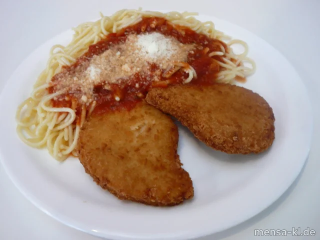 "Valess"-Schnitzel (Gl,Ei,La,V) mit Tomatensugo (9,V), Spaghetti (1,Gl,V), Grana Padano (2,Ei,La,V) und Salat (1,5,Sw,V)