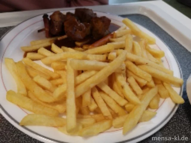 Schaschlikspieß (1,9,10,Sf,S), Pommes frites und Salat