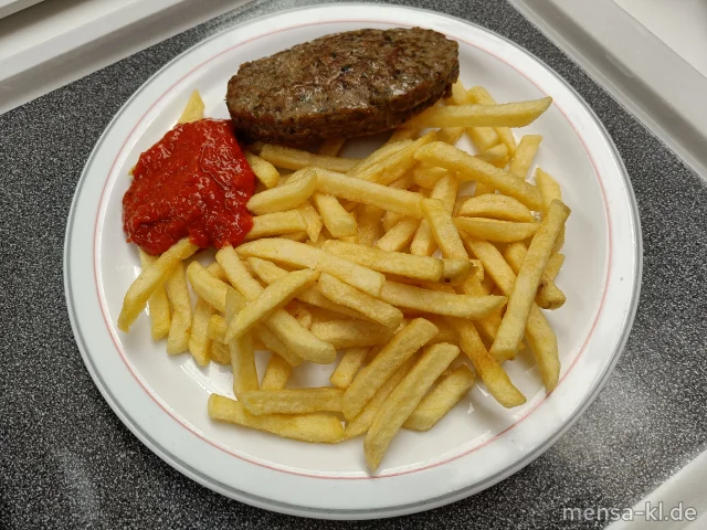 Hacksteak "Croatia" (Gl,Ei,La,R,S,Gt) mit Ajvar-Dip (Sl), Pommes frites und Salat