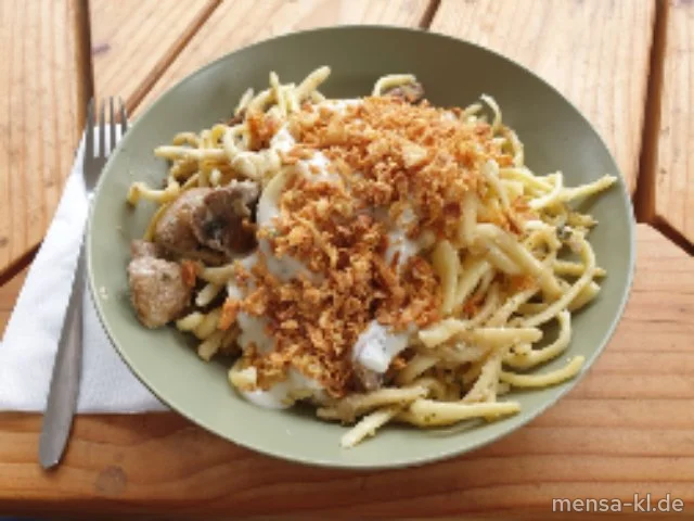 Spätzle-Champignon Gröstel mit veg. Joghurt-Topping (Gl,Nu,Sf)