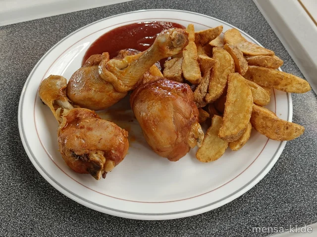 Gebackene Hähnchenkeule (Sf,G) mit Barbecue-Dip (1,3,Sl,Sf), Grillkartoffeln und Salat (1,9,Gl,Ei,Sl,Sf)