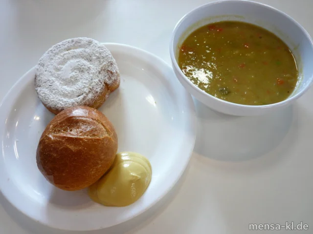 Erbseneintopf (1,3,5,La,Sw,Sl,V) mit einem Apfelberliner (5,Gl,Ei,La,Sw,V) und Bio-Weizenbrötchen (Gl,So,V)